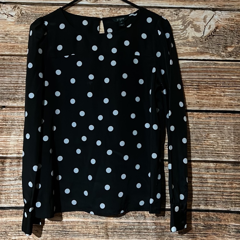 J crew• Black Silky Blouse With White Polka Dots